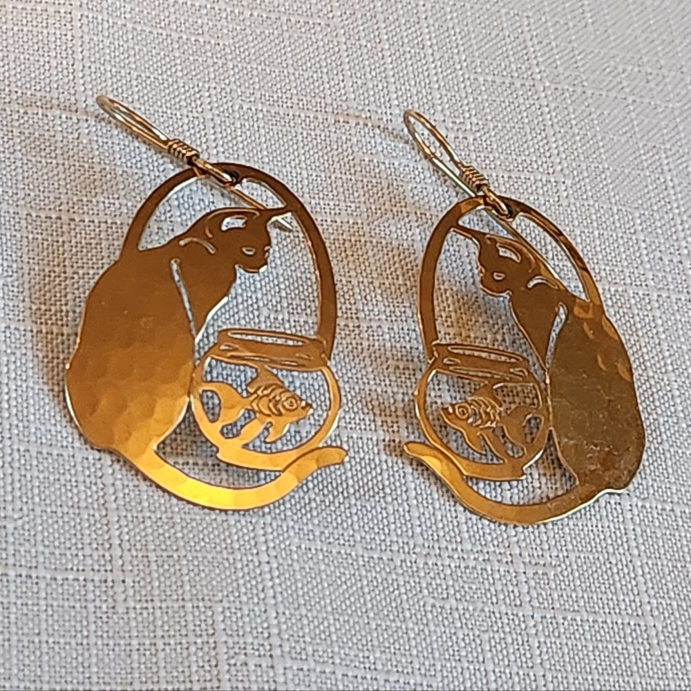 Whimsical Gold Cat and Fishbowl Earrings
